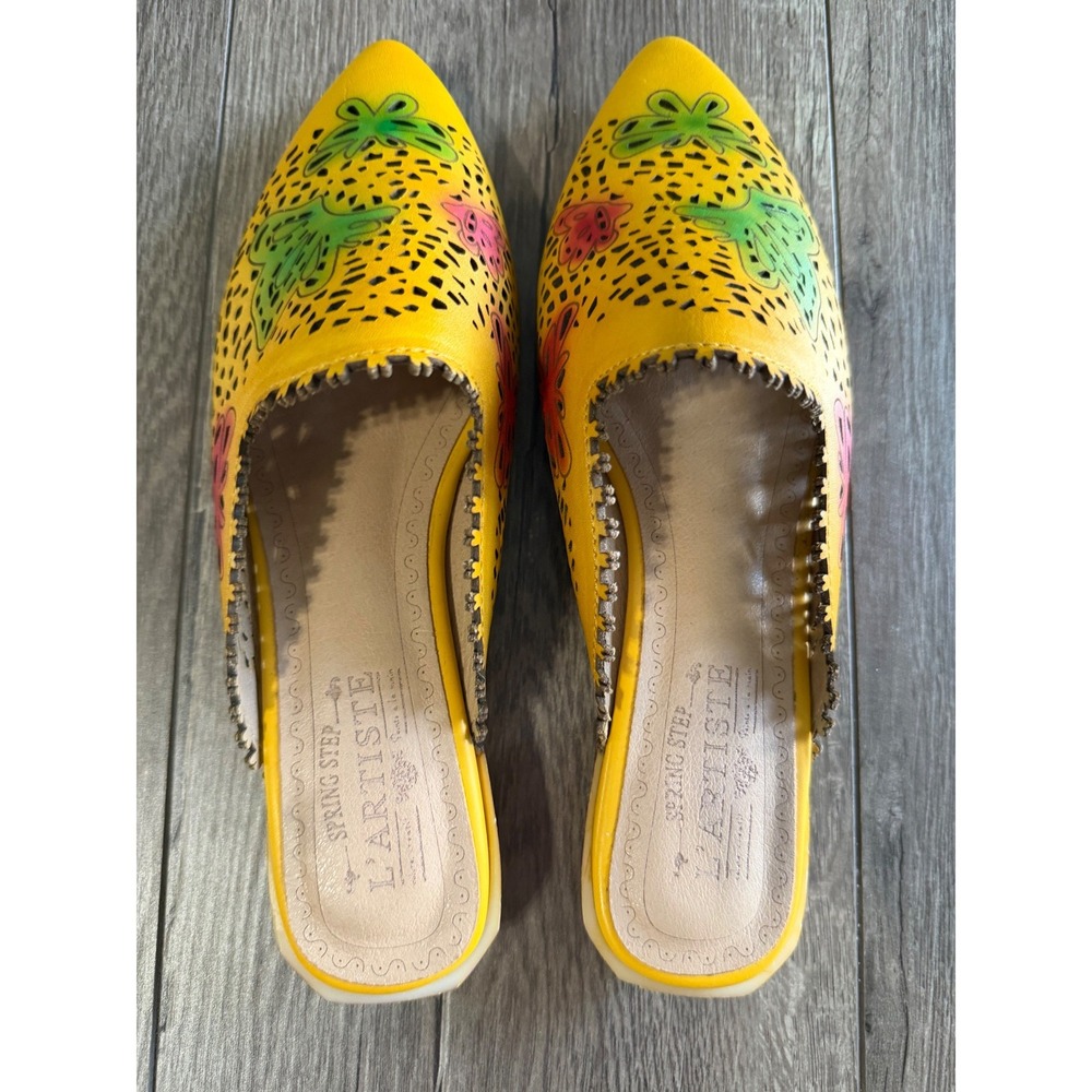 L'Artiste Spring Step Yellow Leather Butterfly Laser Cut Mules Shoes Womens 37 - Picture 4 of 7